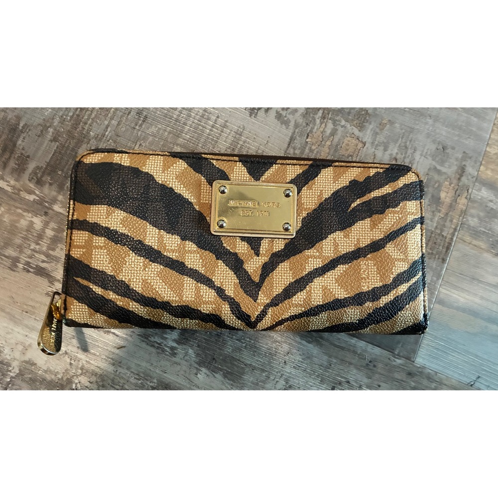Michael Kors Tiger Stripe Zip Around Continental Wallet Brown Gold Tone Logo